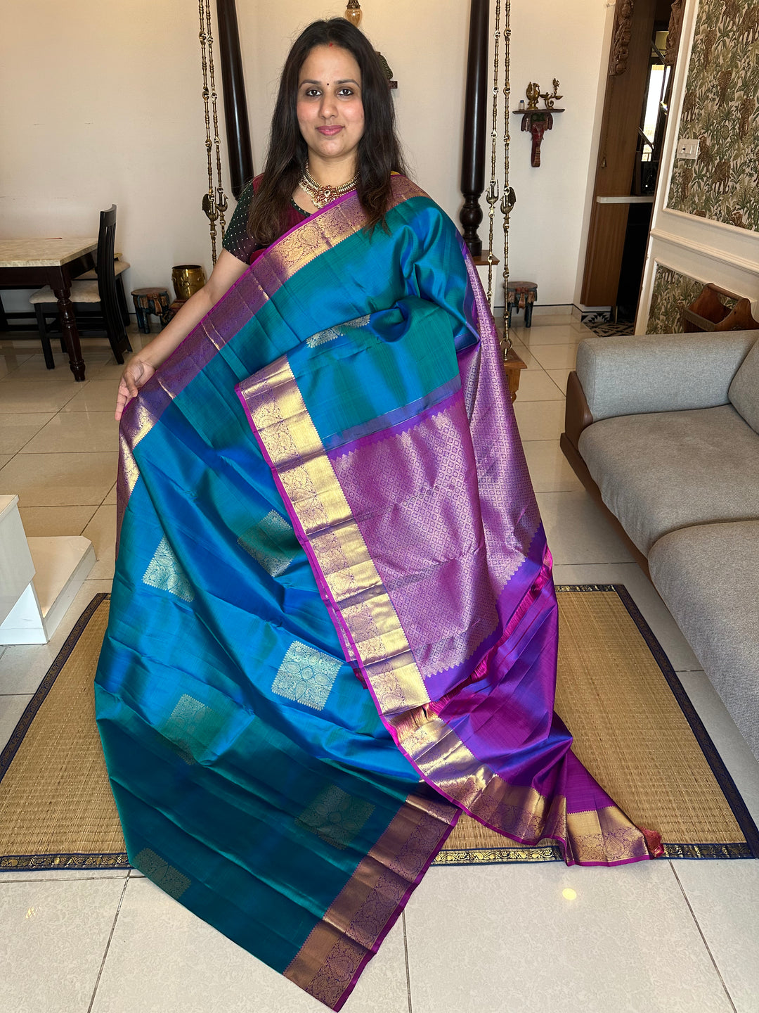 Blue with Purple Rich Body Square Butta and Rich Border Pallu Pure Kanjivaram Silk Saree