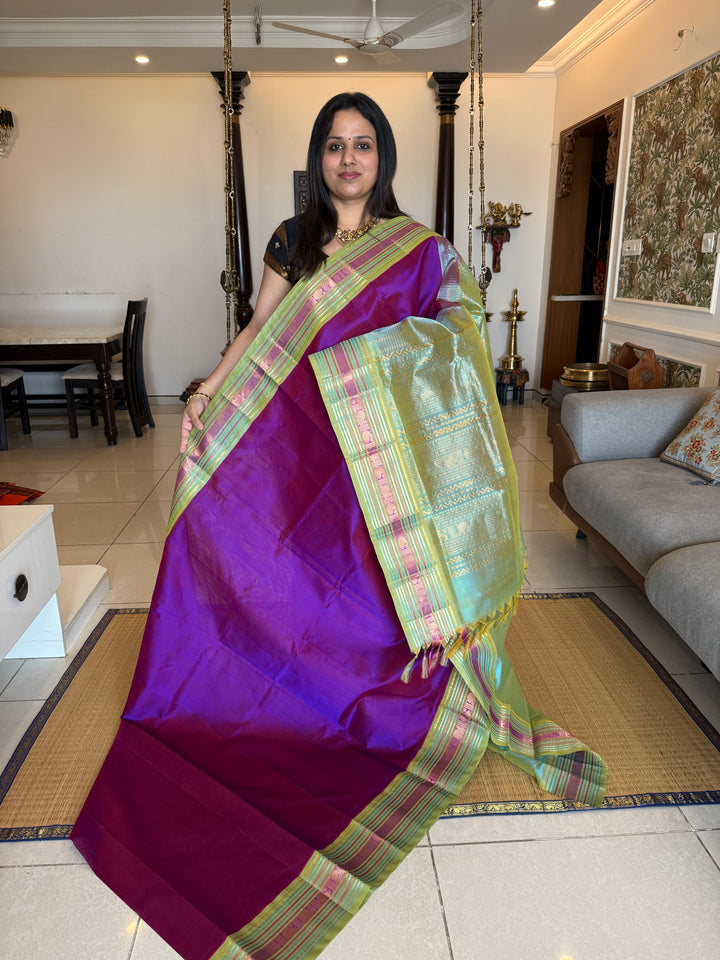 Purple with Sea Green ,rich big Kanchi traditional border and grand Pallu Korvai Silk Cotton Saree