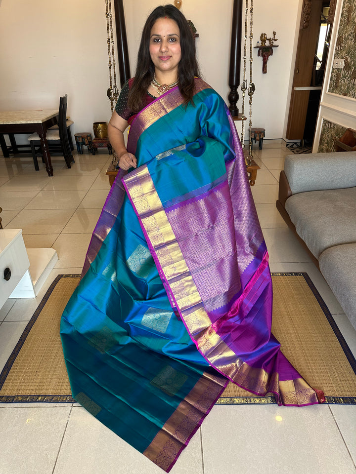 Blue with Purple Rich Body Square Butta and Rich Border Pallu Pure Kanjivaram Silk Saree