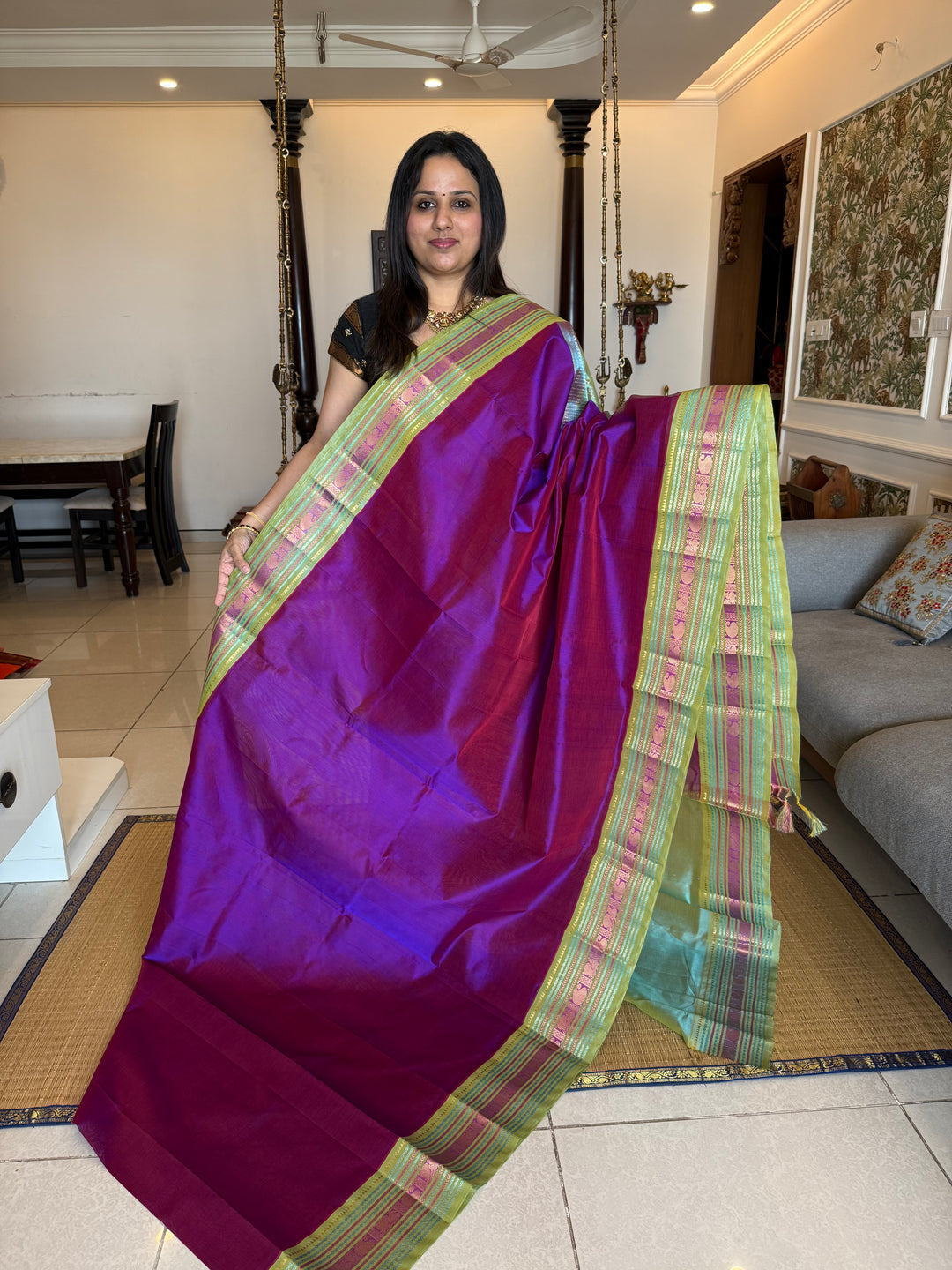 Purple with Sea Green ,rich big Kanchi traditional border and grand Pallu Korvai Silk Cotton Saree