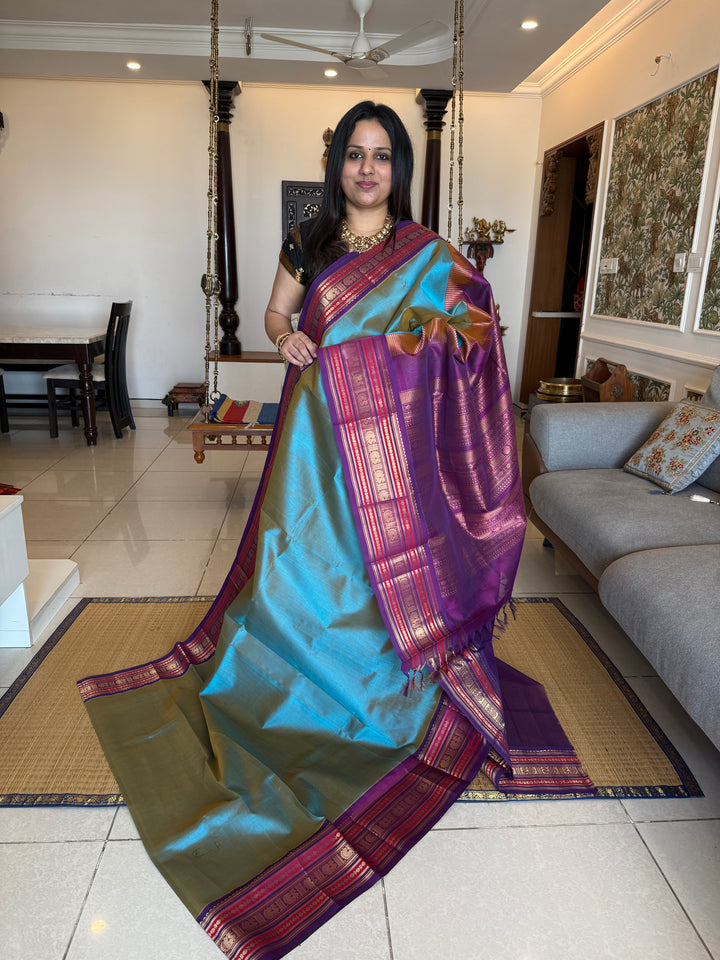 Double shaded blue with Purple ,rich big Kanchi traditional border and grand Pallu Korvai Silk Cotton Saree