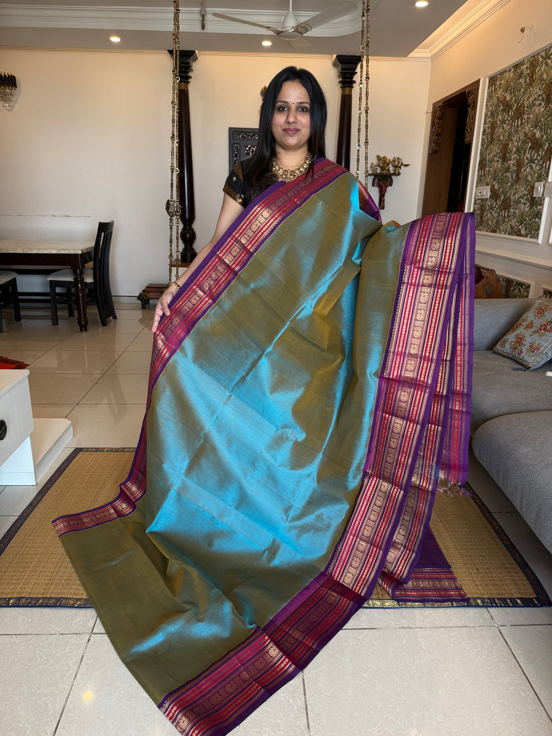 Double shaded blue with Purple ,rich big Kanchi traditional border and grand Pallu Korvai Silk Cotton Saree