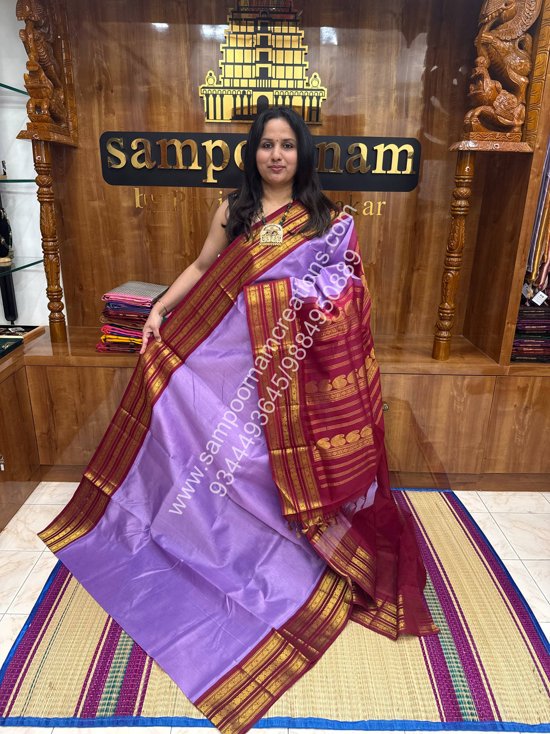 Lavender with Kukum Red , Rich Kanchi border and Grand Pallu Korvai Silk Cotton Saree
