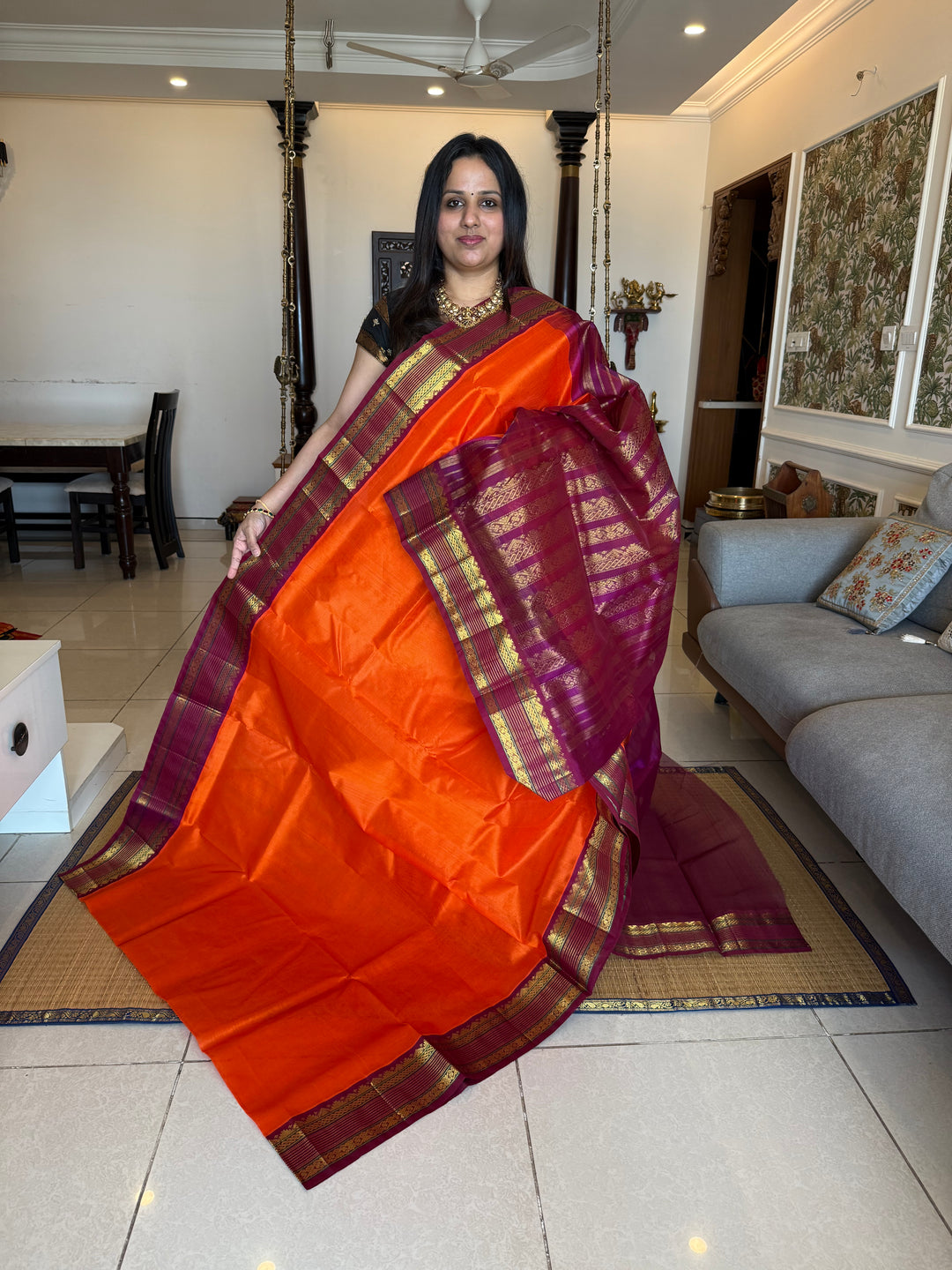 Orange with Magenta  ,traditional rich borders and grand Pallu korvai Silk Cotton Saree