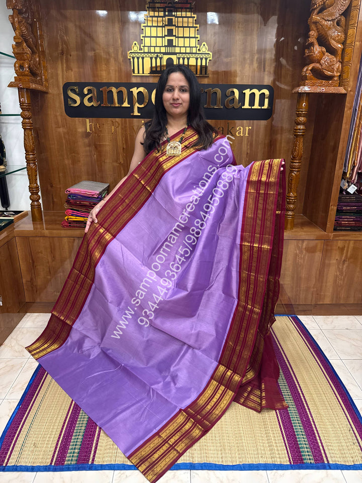 Lavender with Kukum Red , Rich Kanchi border and Grand Pallu Korvai Silk Cotton Saree