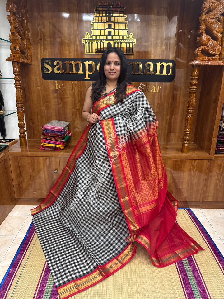 Black and White with Red , Paalum Pazham Kattam , Rettapet borders , Grand Pallu Korvai Silk Cotton Saree