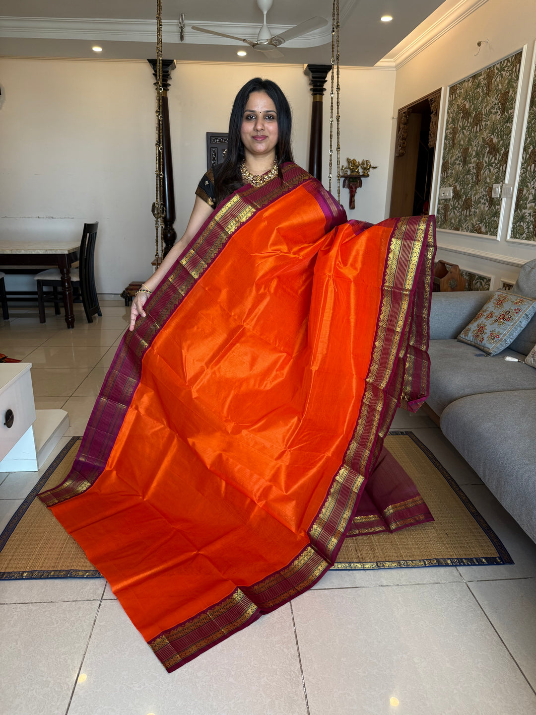 Orange with Magenta  ,traditional rich borders and grand Pallu korvai Silk Cotton Saree