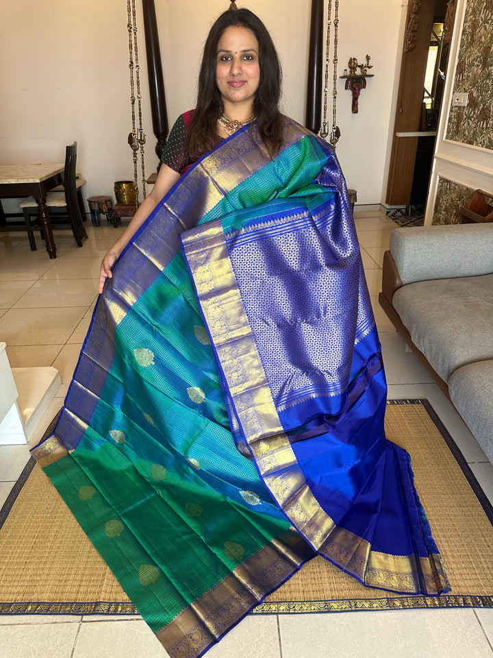 Bluish Green with Blue , Rich Butta, Body Podi Kattam and Rich Border Pallu Pure Kanjivaram Silk Saree