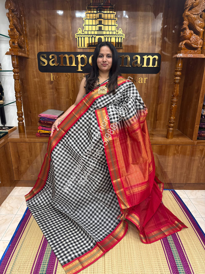 Black and White with Red , Paalum Pazham Kattam , Rettapet borders , Grand Pallu Korvai Silk Cotton Saree