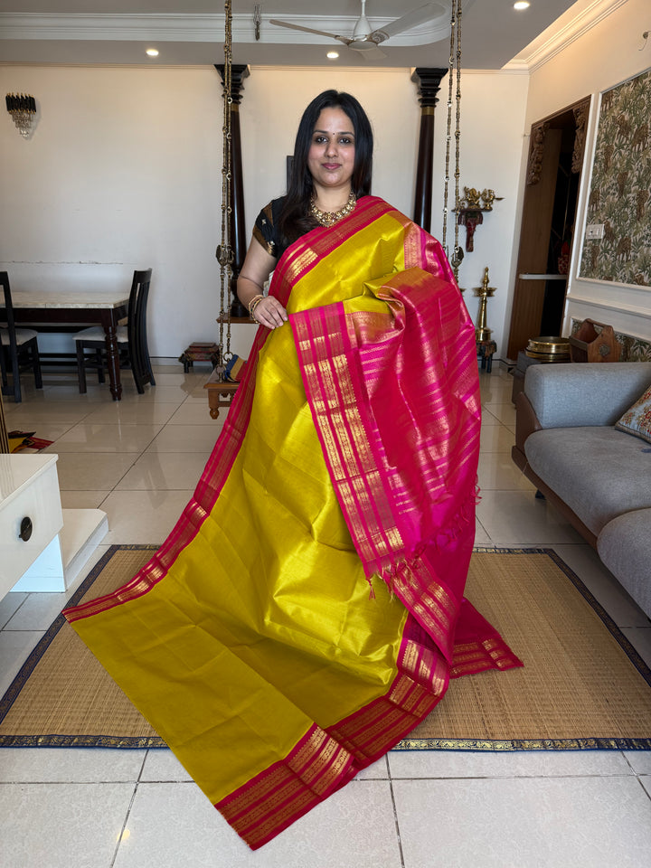 Lemon Yellow with Pink ,rich big Kanchi traditional border and grand Pallu Korvai Silk Cotton Saree