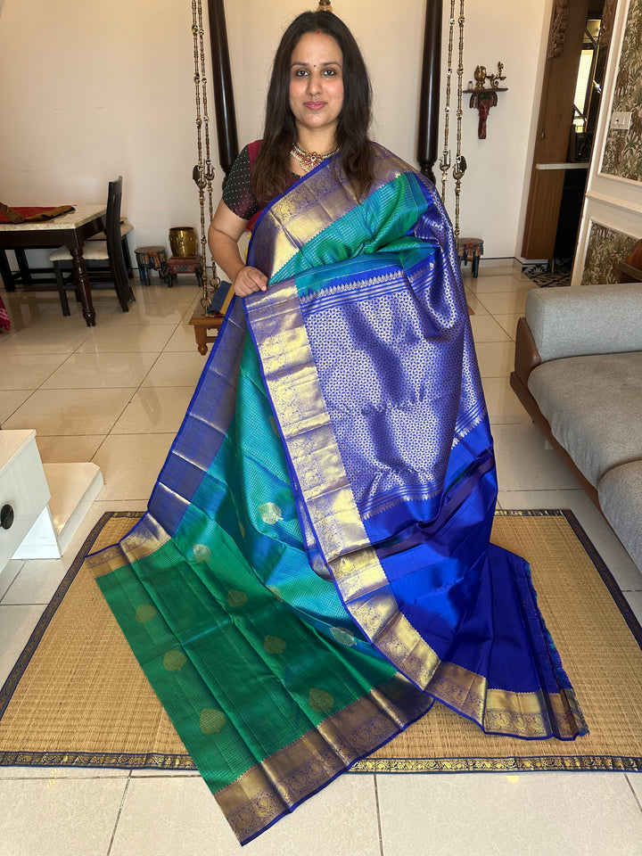 Bluish Green with Blue , Rich Butta, Body Podi Kattam and Rich Border Pallu Pure Kanjivaram Silk Saree