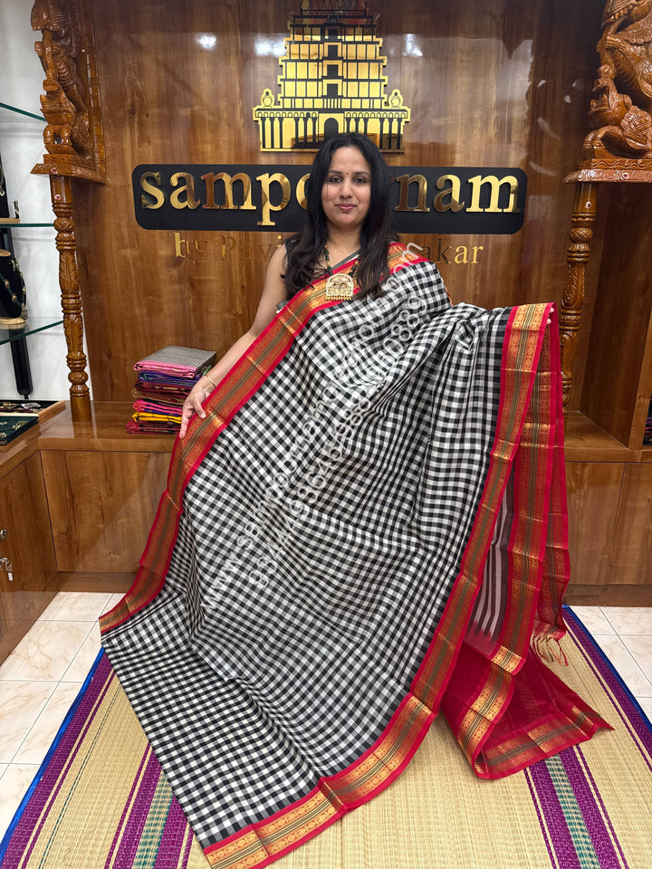 Black and White with Red , Paalum Pazham Kattam , Rettapet borders , Grand Pallu Korvai Silk Cotton Saree
