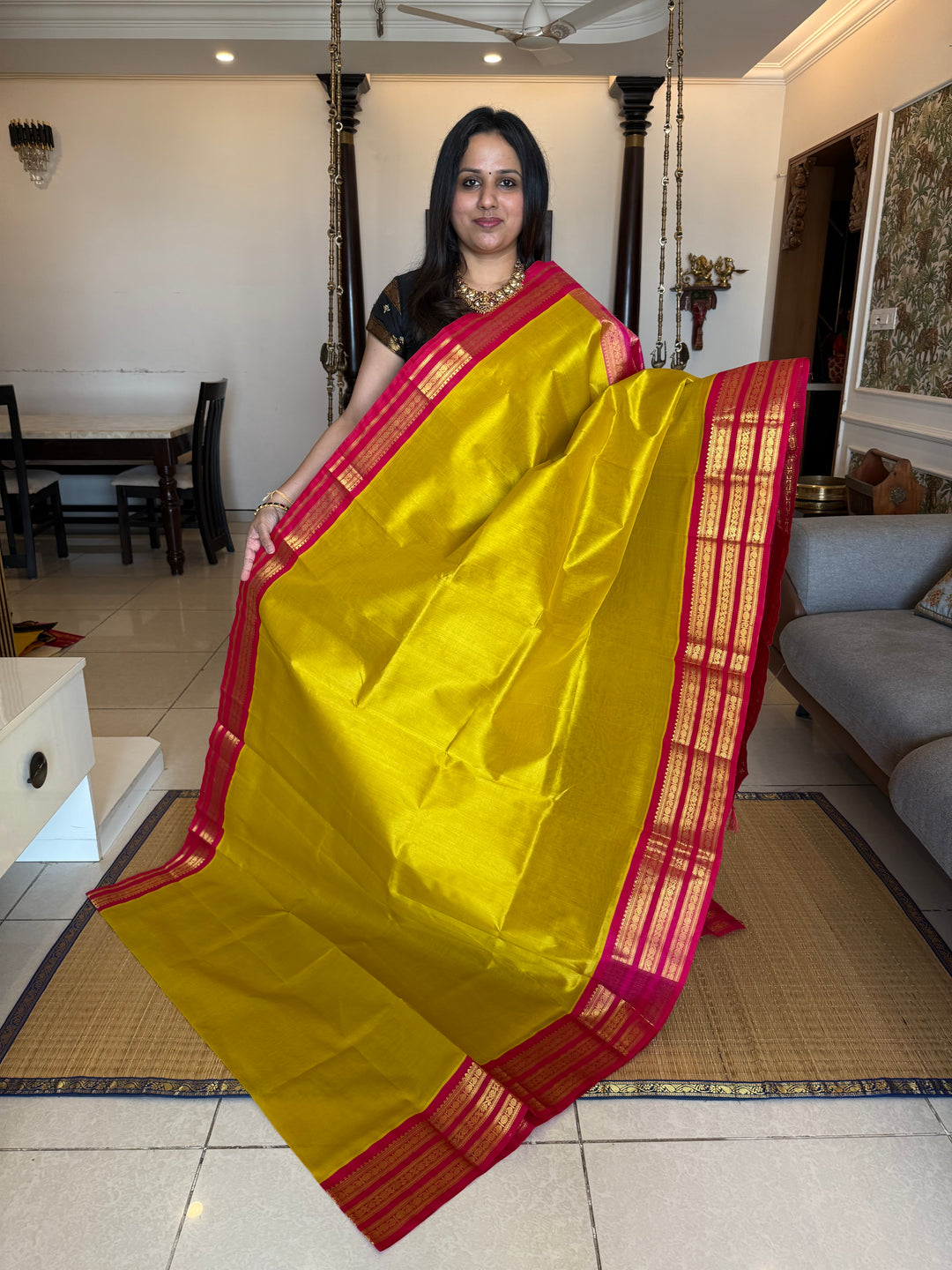 Lemon Yellow with Pink ,rich big Kanchi traditional border and grand Pallu Korvai Silk Cotton Saree