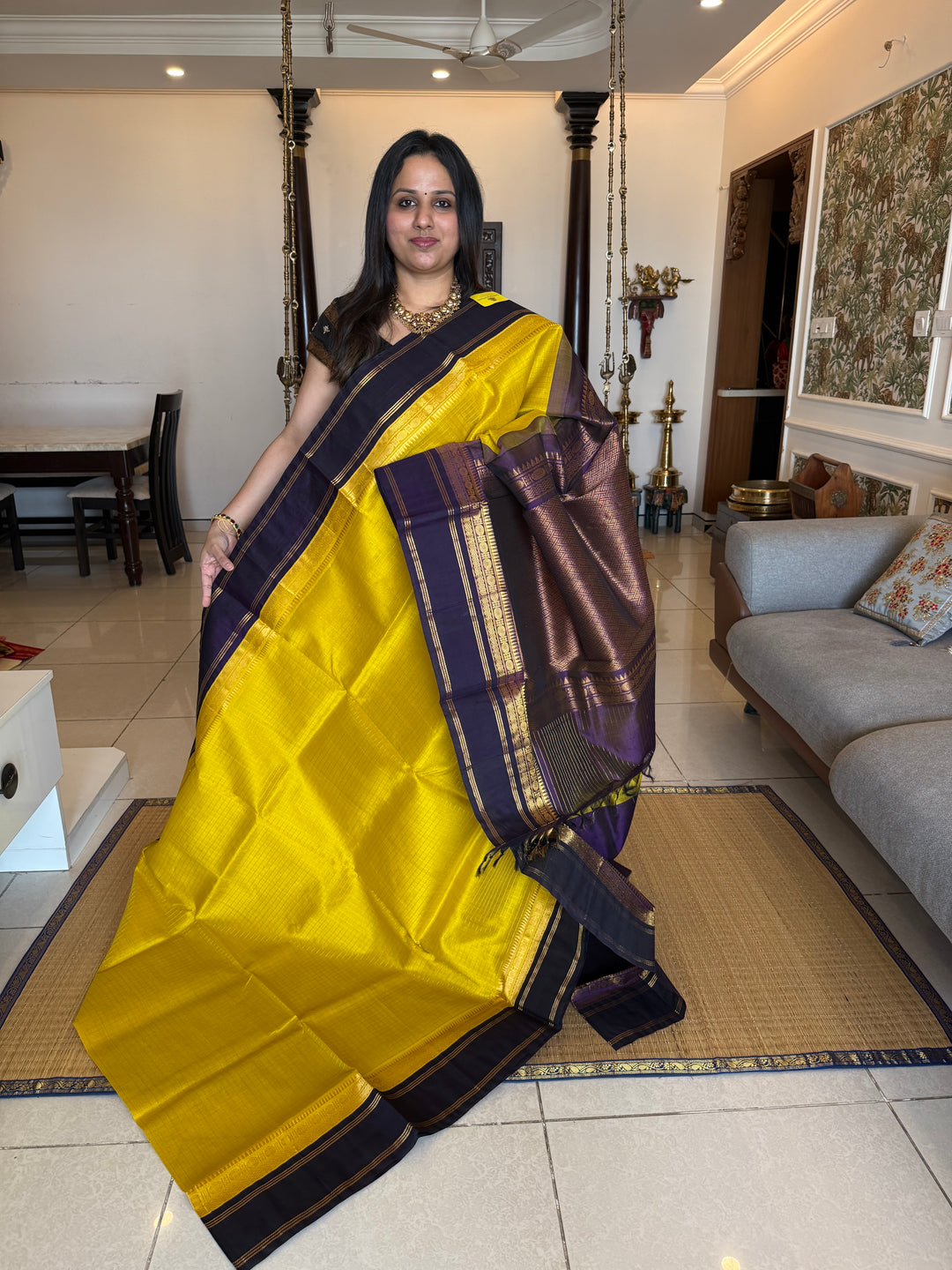 Lemon Yellow with Dark Blue , zari kattam in the body ,rettapet border and rich Pallu Korvai Silk Cotton Saree
