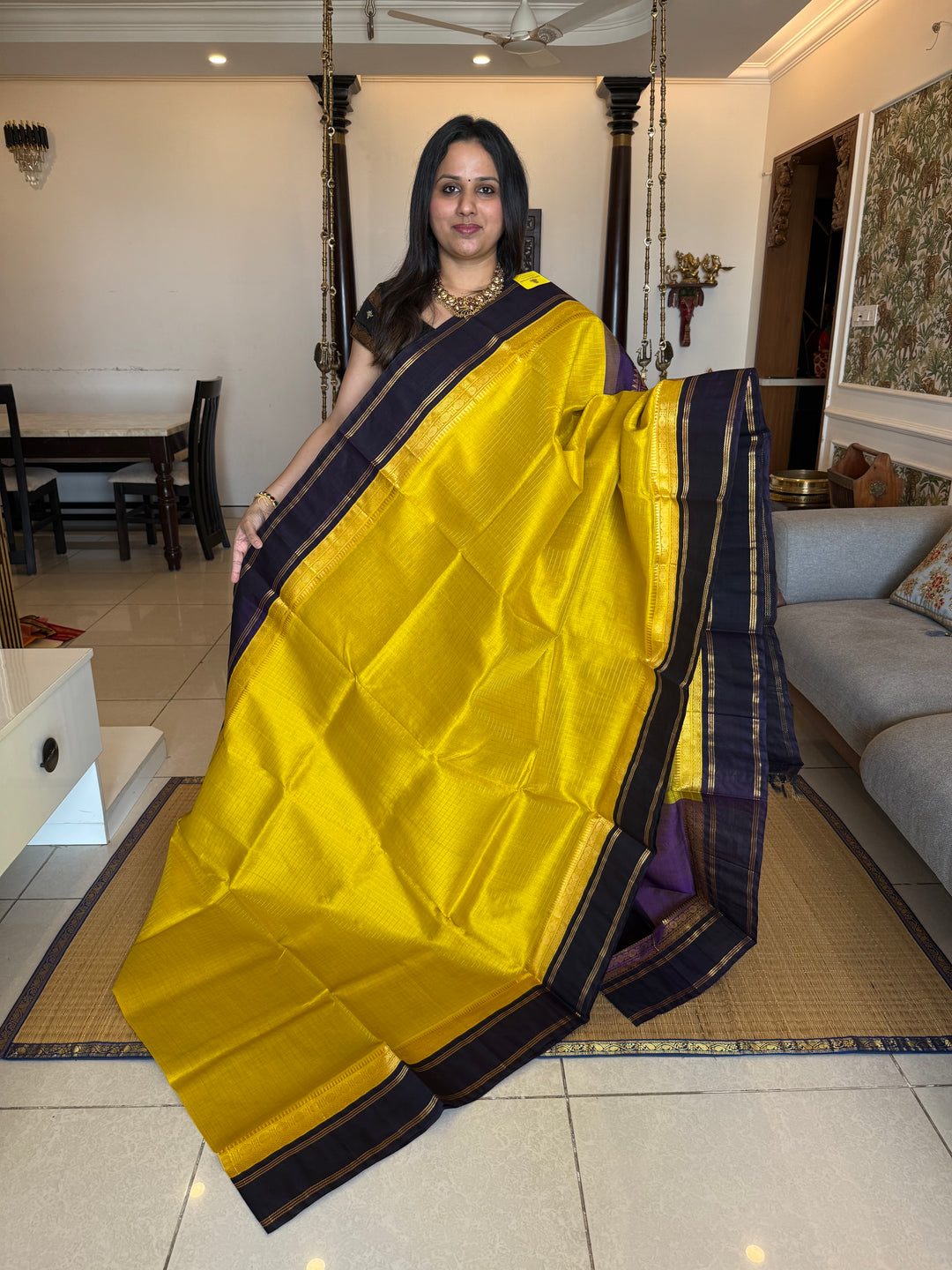 Lemon Yellow with Dark Blue , zari kattam in the body ,rettapet border and rich Pallu Korvai Silk Cotton Saree
