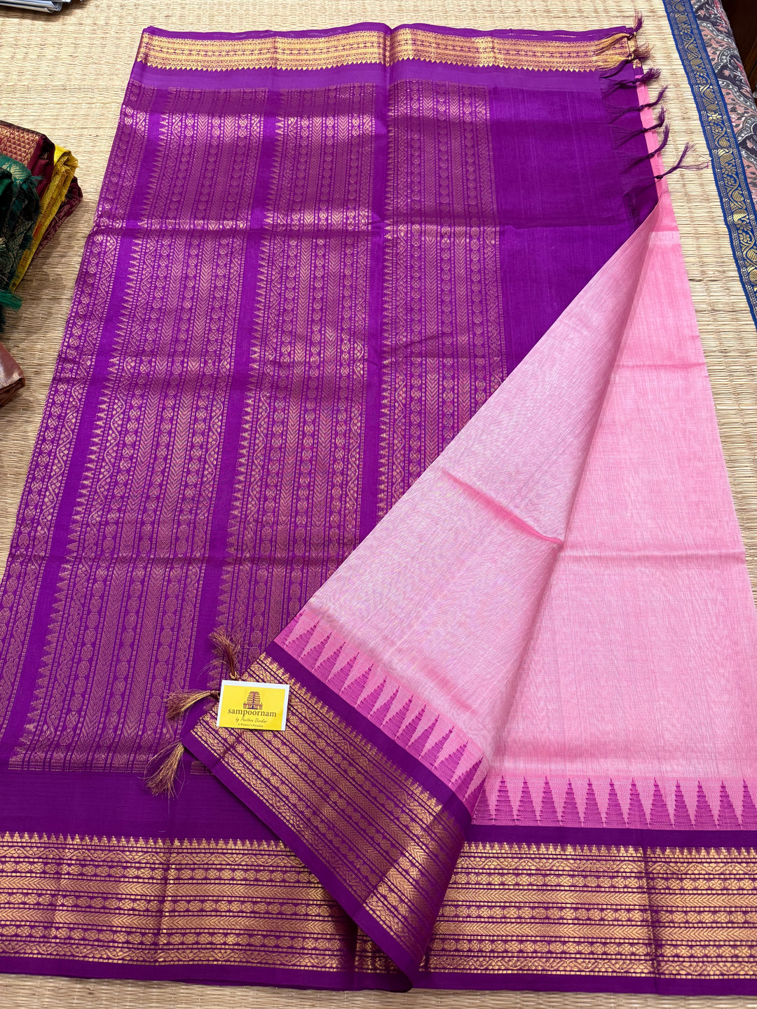 Onion Pink with Purple , temple traditional borders with rich Pallu Korvai Silk Cotton Saree