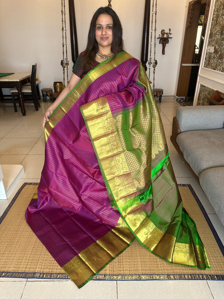 Vadamalli Purple with Manthulir Green Rich Lakshadeepam Body With Grand Border and Pallu Pure Kanjivaram Silk Saree