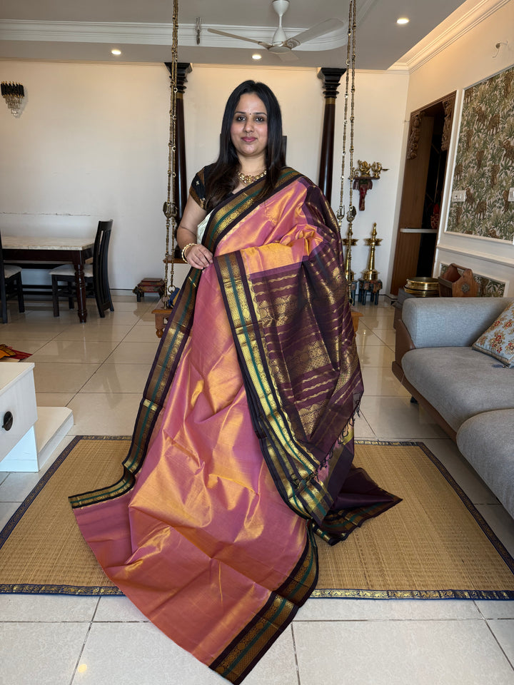 Peach with Brown  traditional borders rich Pallu Korvai Silk Cotton Saree