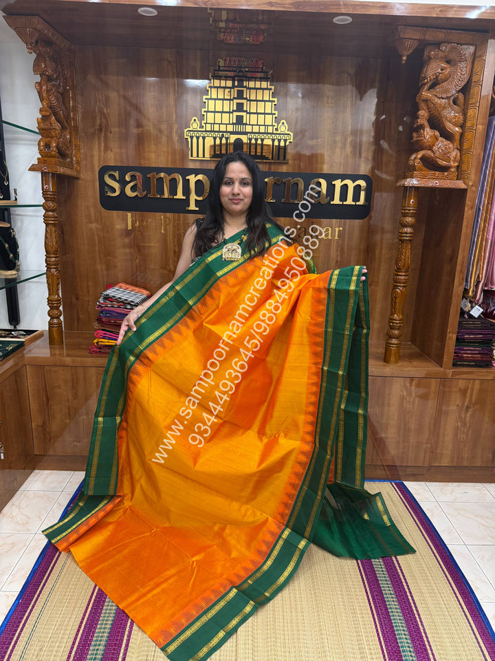 Mambazha Manjal with Green , Temple design with Rettapet border and Grand Pallu Korvai Silk Cotton Saree