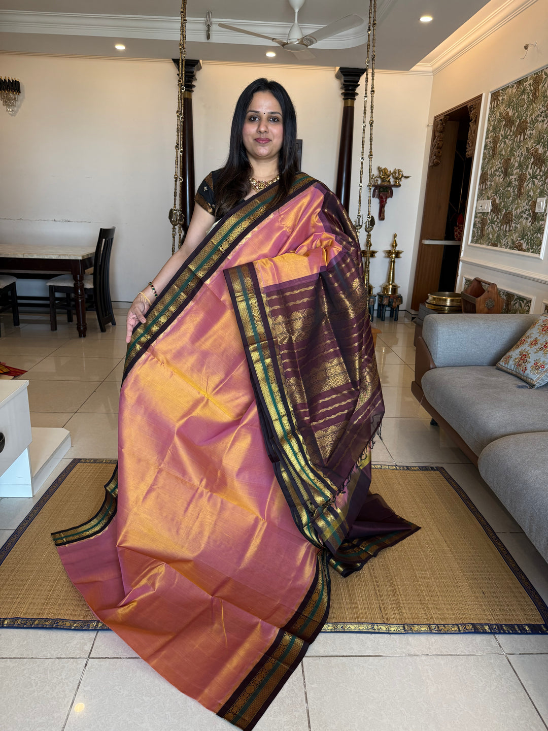 Peach with Brown  traditional borders rich Pallu Korvai Silk Cotton Saree
