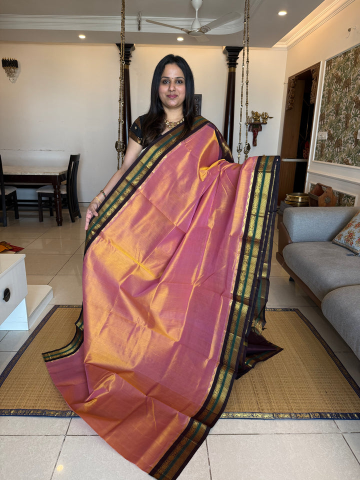 Peach with Brown  traditional borders rich Pallu Korvai Silk Cotton Saree