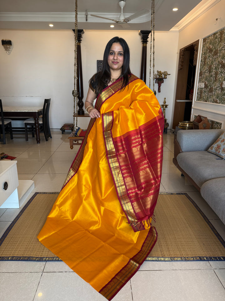 Mambazha Manjal with Red  traditional borders rich Pallu Korvai Silk Cotton Saree