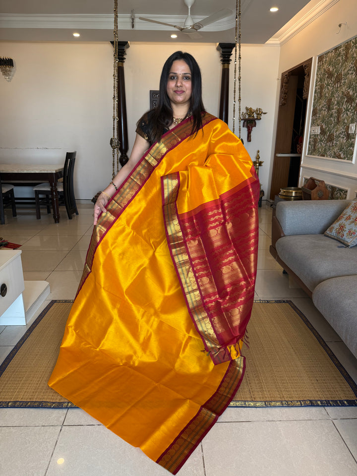 Mambazha Manjal with Red  traditional borders rich Pallu Korvai Silk Cotton Saree