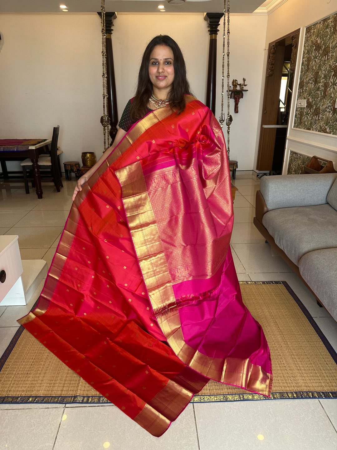 Pinkish Red with Pink Body Annam and Rudraksh Butta Rich Border and Pallu Pure Kanjivaram Silk Saree