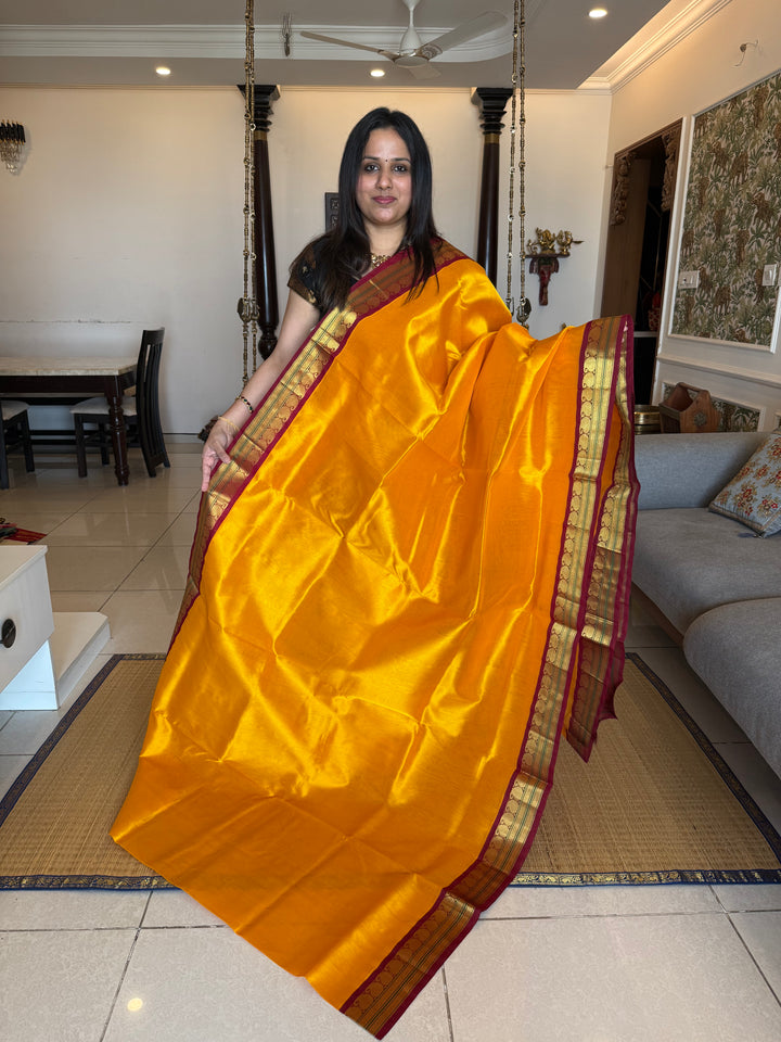 Mambazha Manjal with Red  traditional borders rich Pallu Korvai Silk Cotton Saree