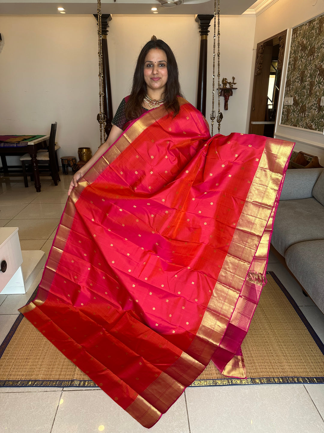 Pinkish Red with Pink Body Annam and Rudraksh Butta Rich Border and Pallu Pure Kanjivaram Silk Saree