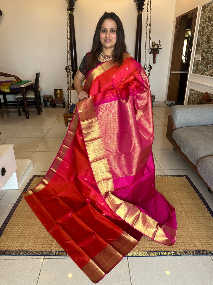 Pinkish Red with Pink Body Annam and Rudraksh Butta Rich Border and Pallu Pure Kanjivaram Silk Saree