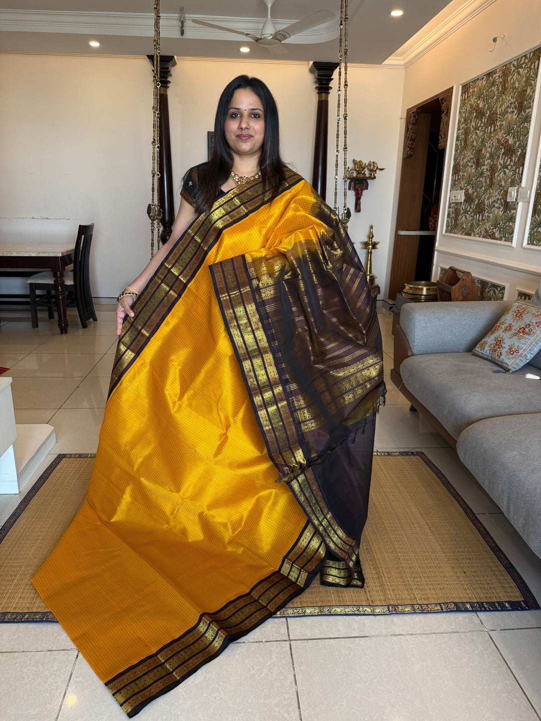 Mambazha Manjal with Brown , Podi Kattam in the body ,rich kanchi border and traditionl pallu Korvai Silk Cotton Saree