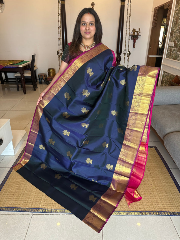 Dark Blue with Pink Rich Peacock Butta , Rich Border and Pallu Pure Kanjivaram Silk Saree