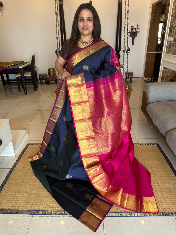 Dark Blue with Pink Rich Peacock Butta , Rich Border and Pallu Pure Kanjivaram Silk Saree