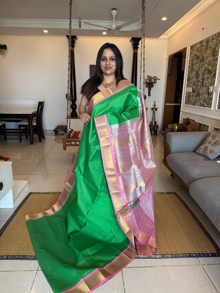 Parrot Green with Baby Pink  traditional borders rich Pallu Korvai Silk Cotton Saree