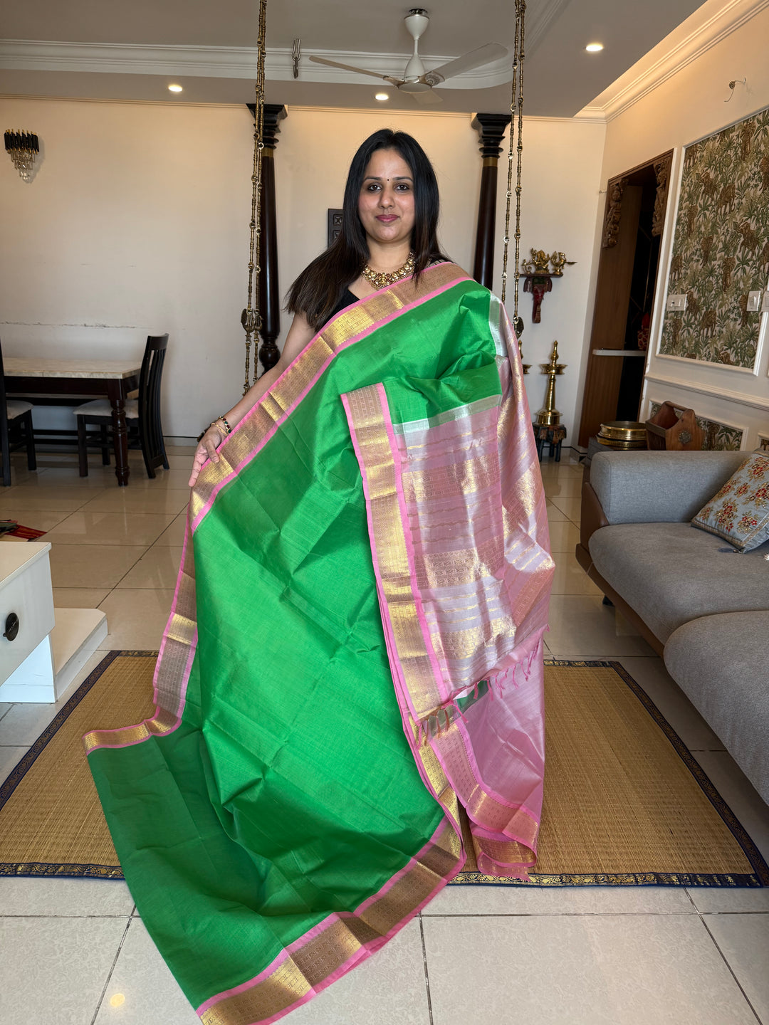 Parrot Green with Baby Pink  traditional borders rich Pallu Korvai Silk Cotton Saree