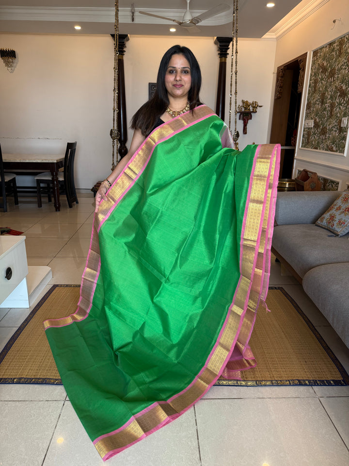 Parrot Green with Baby Pink  traditional borders rich Pallu Korvai Silk Cotton Saree