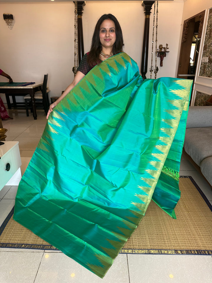 Turquoise Blue with Rich Temple Border Tissue Rich Pallu  , Pure Zari, Pure Kanjivaram Silk Saree