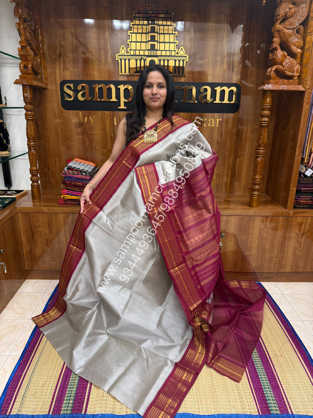 Grey with Dark Magenta , , Traditional borders and  Grand Pallu Korvai Silk Cotton Saree