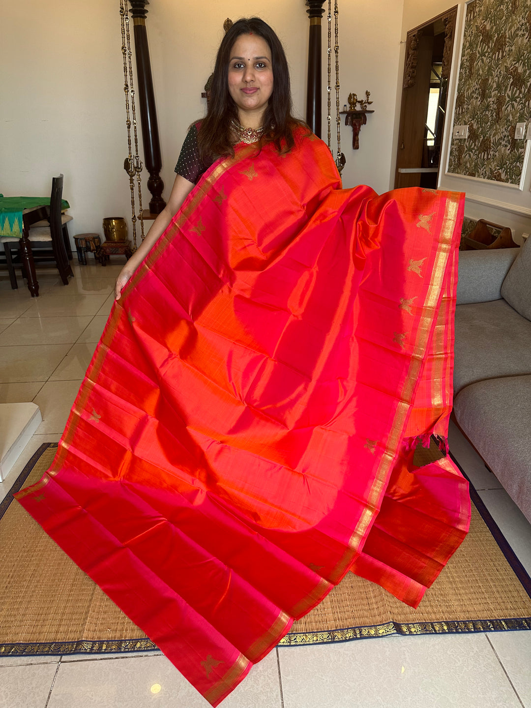 Orangish Pink with Small Border, Rettai Kili In the Borders and Simple Pallu, Pure Zari Pure Kanjivaram Silk Saree