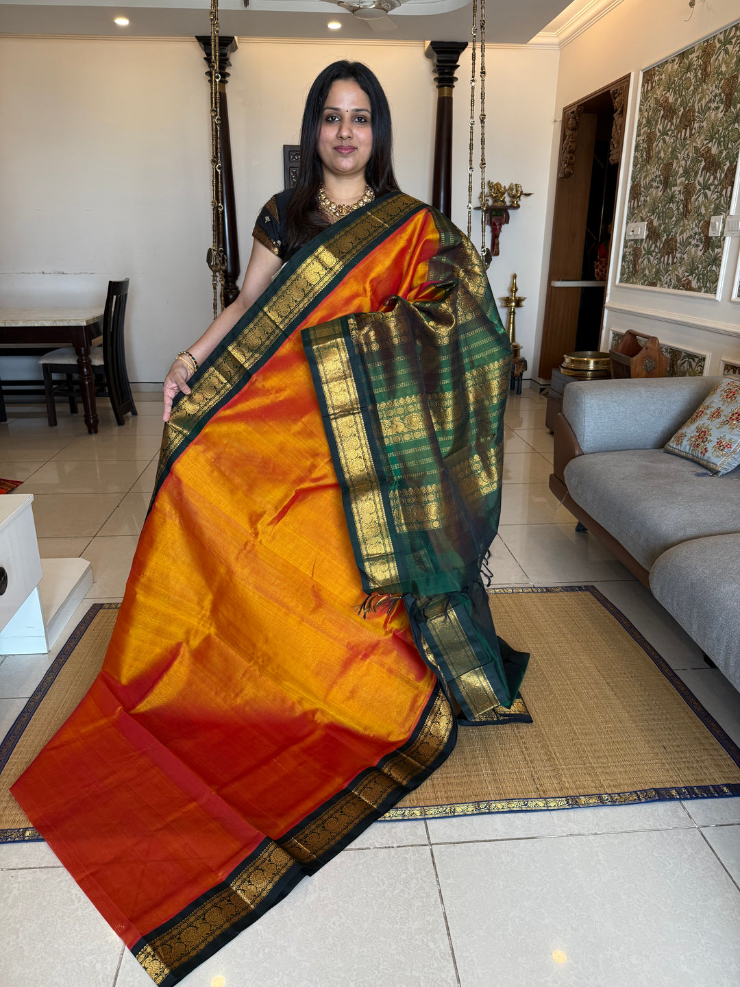 Rust Orange with Dark Green traditional borders rich Pallu Korvai Silk Cotton Saree