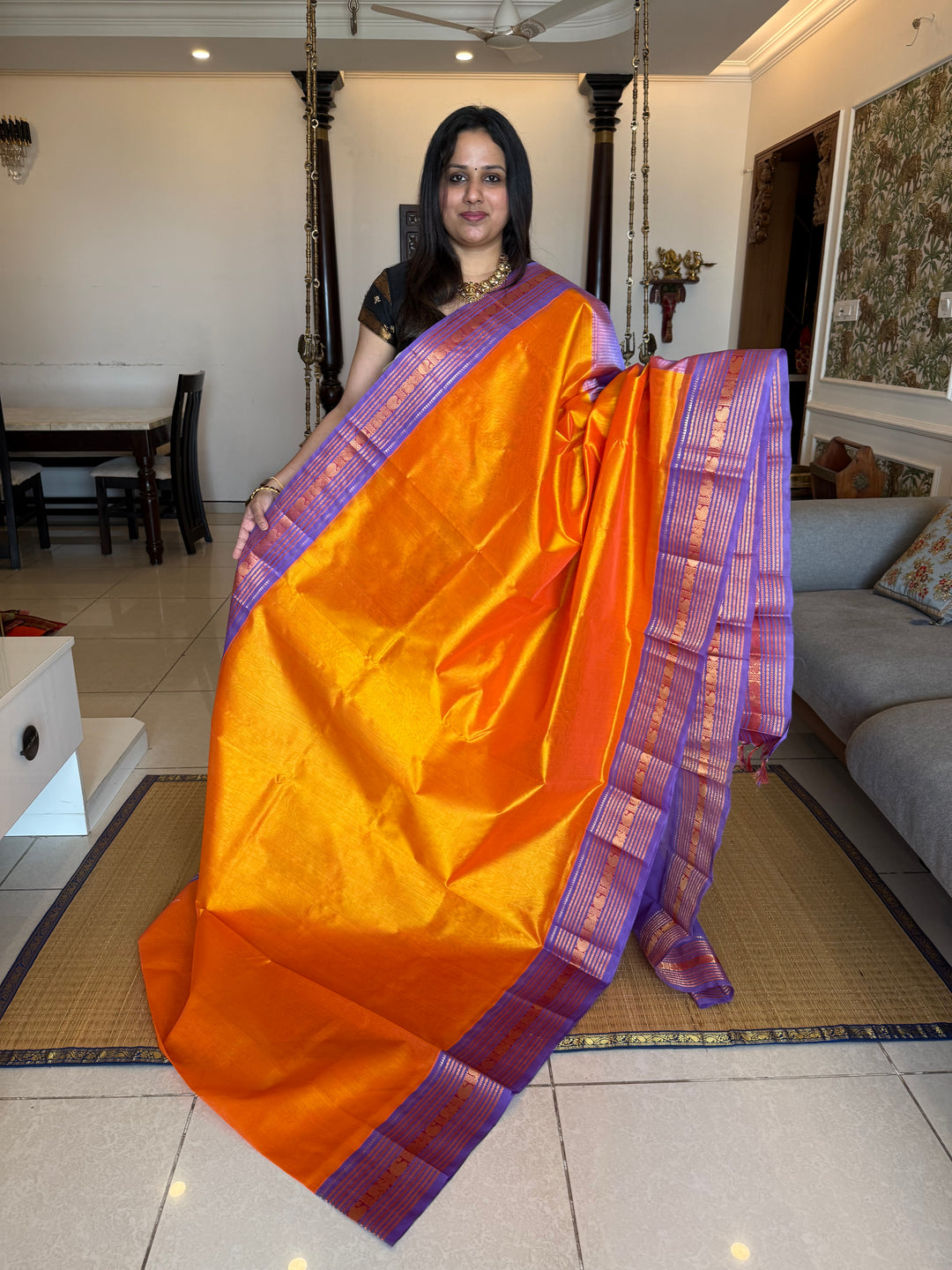 Mambazha Manjal with Lavendeer ,rich big Kanchi traditional border and grand Pallu Korvai Silk Cotton Saree