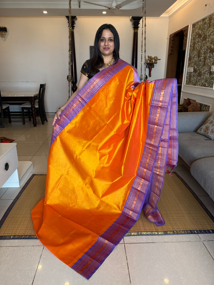 Mambazha Manjal with Lavendeer ,rich big Kanchi traditional border and grand Pallu Korvai Silk Cotton Saree