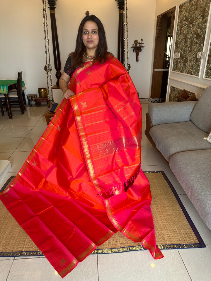 Orangish Pink with Small Border, Rettai Kili In the Borders and Simple Pallu, Pure Zari Pure Kanjivaram Silk Saree