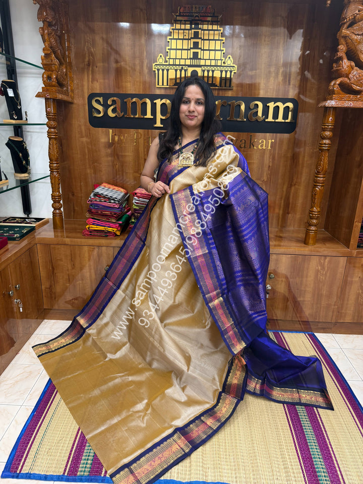 Gold with Dark Blue , Traditional borders and  Grand Pallu Korvai Silk Cotton Saree