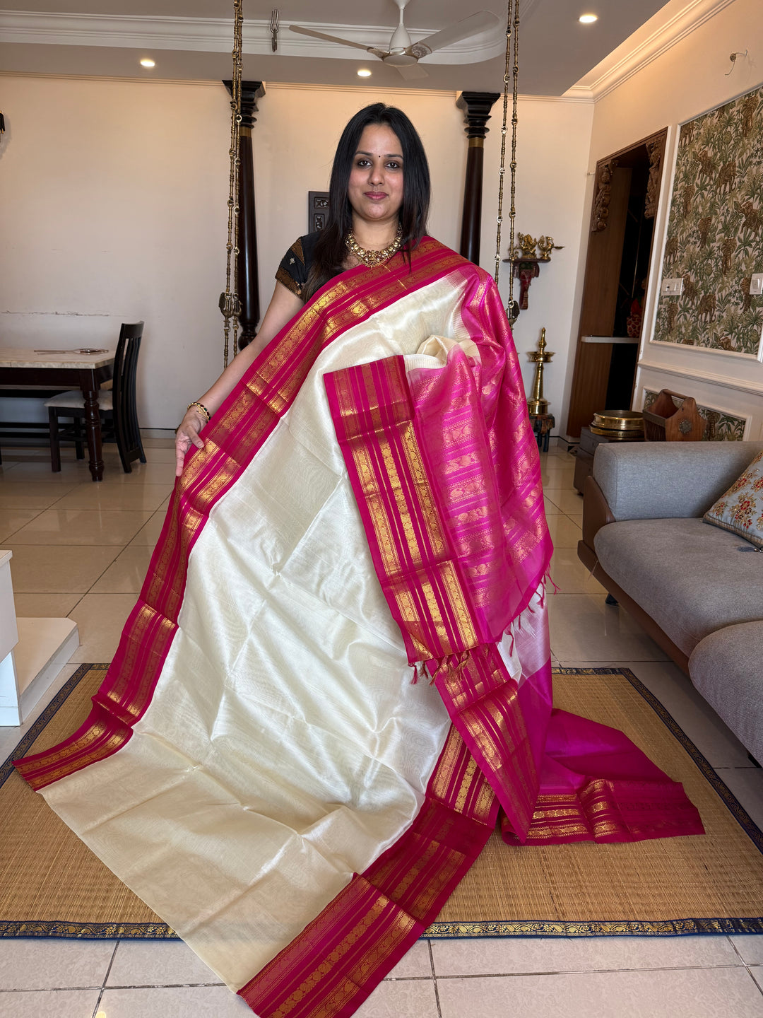 White with Pink ,rich big Kanchi traditional border and grand Pallu Korvai Silk Cotton Saree