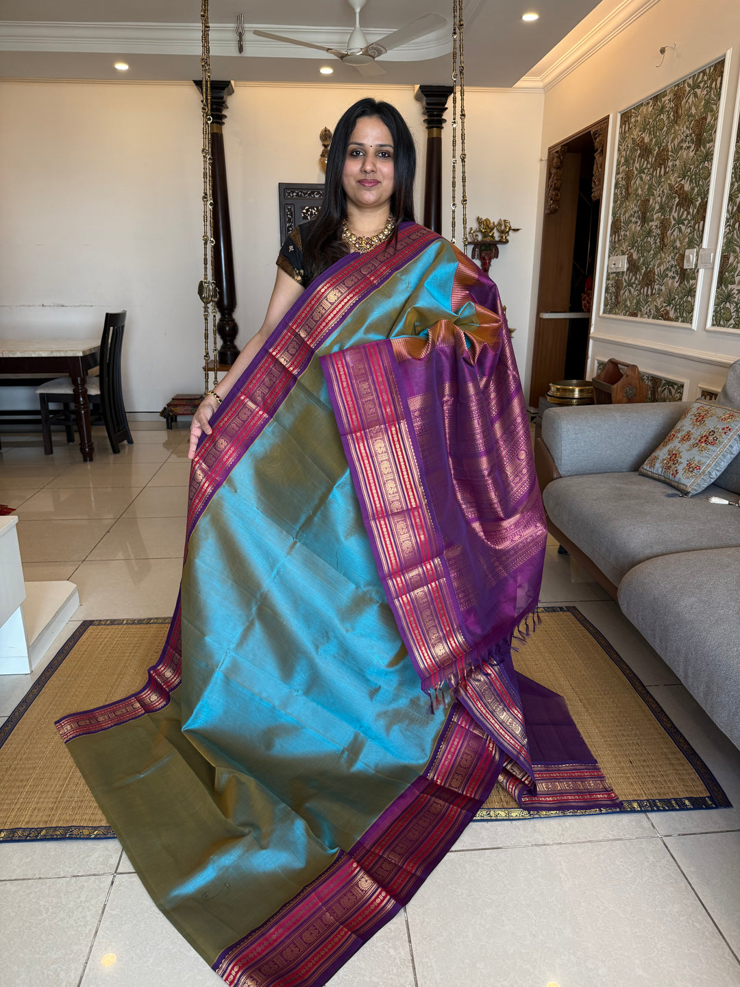 Double shaded blue with Purple ,rich big Kanchi traditional border and grand Pallu Korvai Silk Cotton Saree