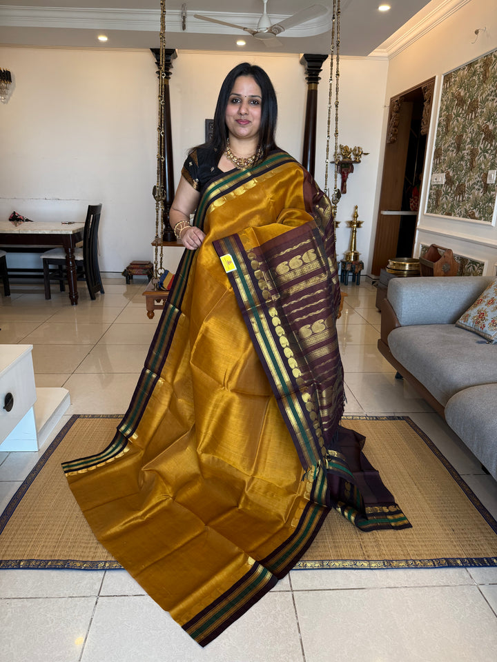 Fenugreek with Brown, traditional borders rich Pallu Korvai Silk Cotton Saree