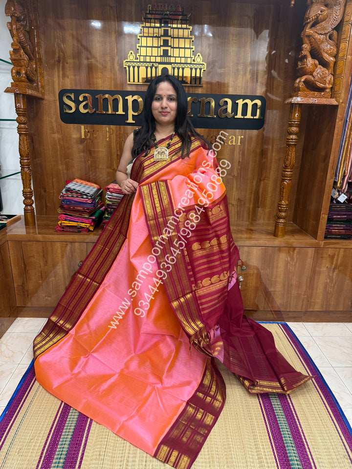 Peach with kumkum Red ,Rich Kanchi border and Grand Pallu Korvai Silk Cotton Saree