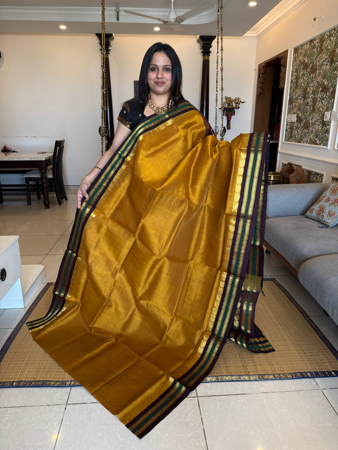 Fenugreek with Brown, traditional borders rich Pallu Korvai Silk Cotton Saree
